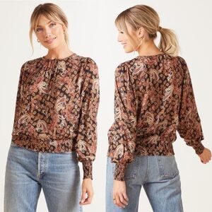 Evereve Roan + Ryan S Orange Brown Rox Paisley Smocked Blouse Top